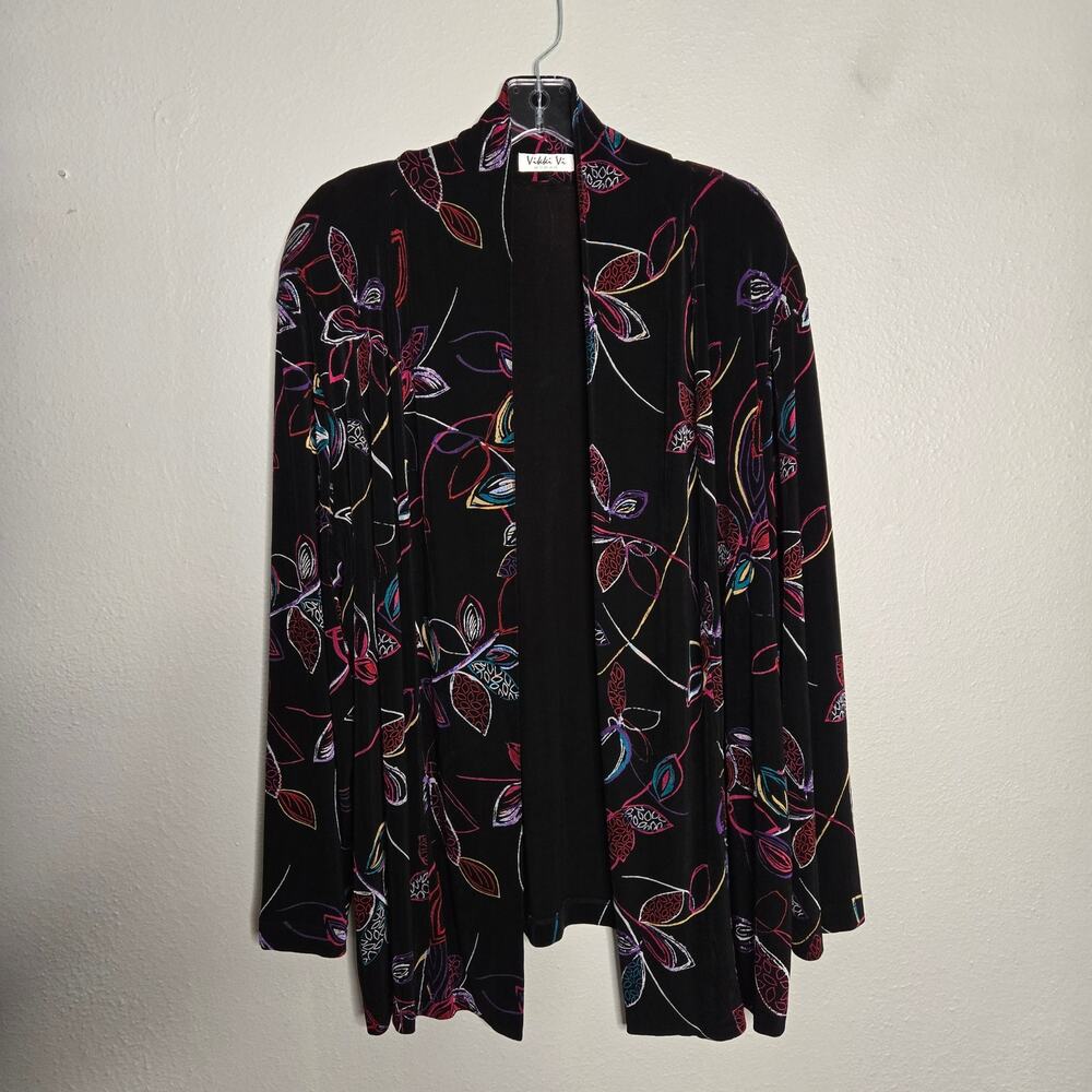 Vintage Slinky Liquid Knit Open Front Cardigan 1X Floral Black Multicolor Artsy